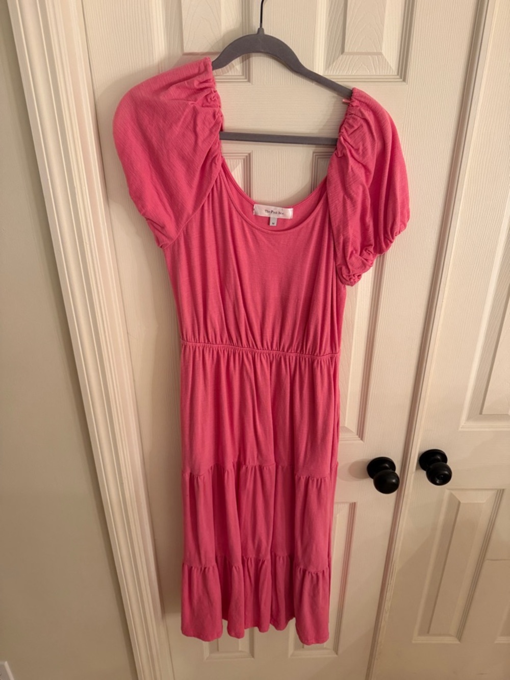 Pink Puff-Sleeve Tiered Midi Dress